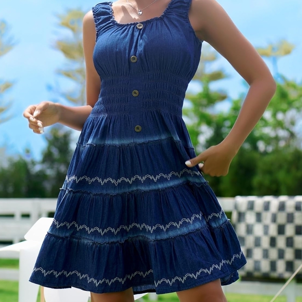 Lapis Navy Tiered Button-Front Midi Dress Size L